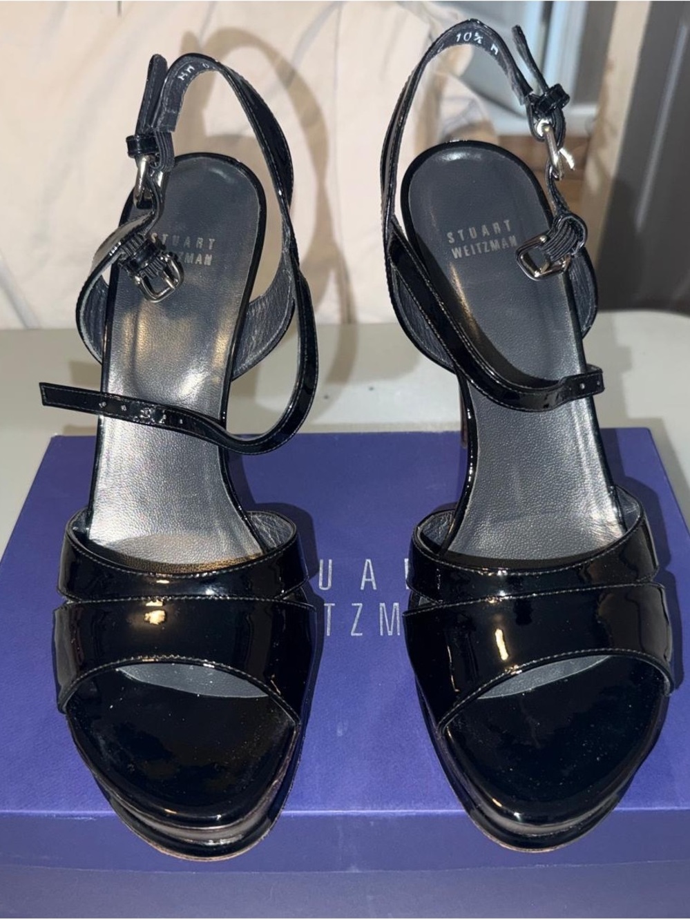 Stuart Weitzman Black Patent Leather Open-Toe Slingback Heels